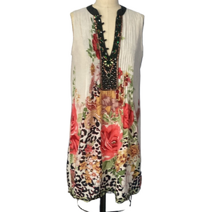 Lucky & Coco Floral Sleeveless Tunic Dress Medium Beaded Cotton Boho Style
